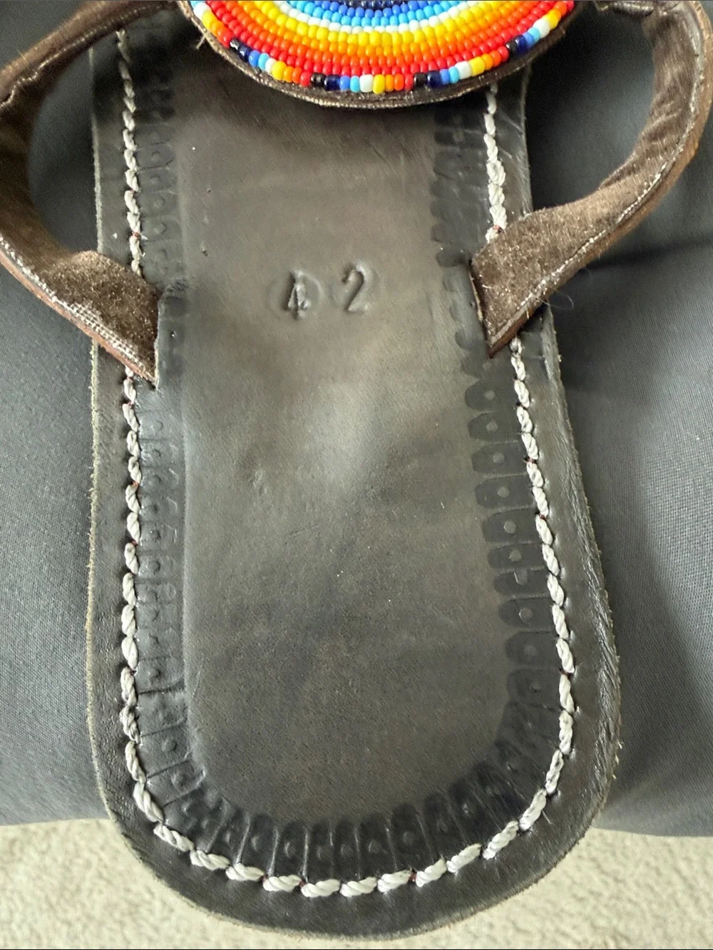 Beaded Rainbow Circle Brown Leather Thong Sandals